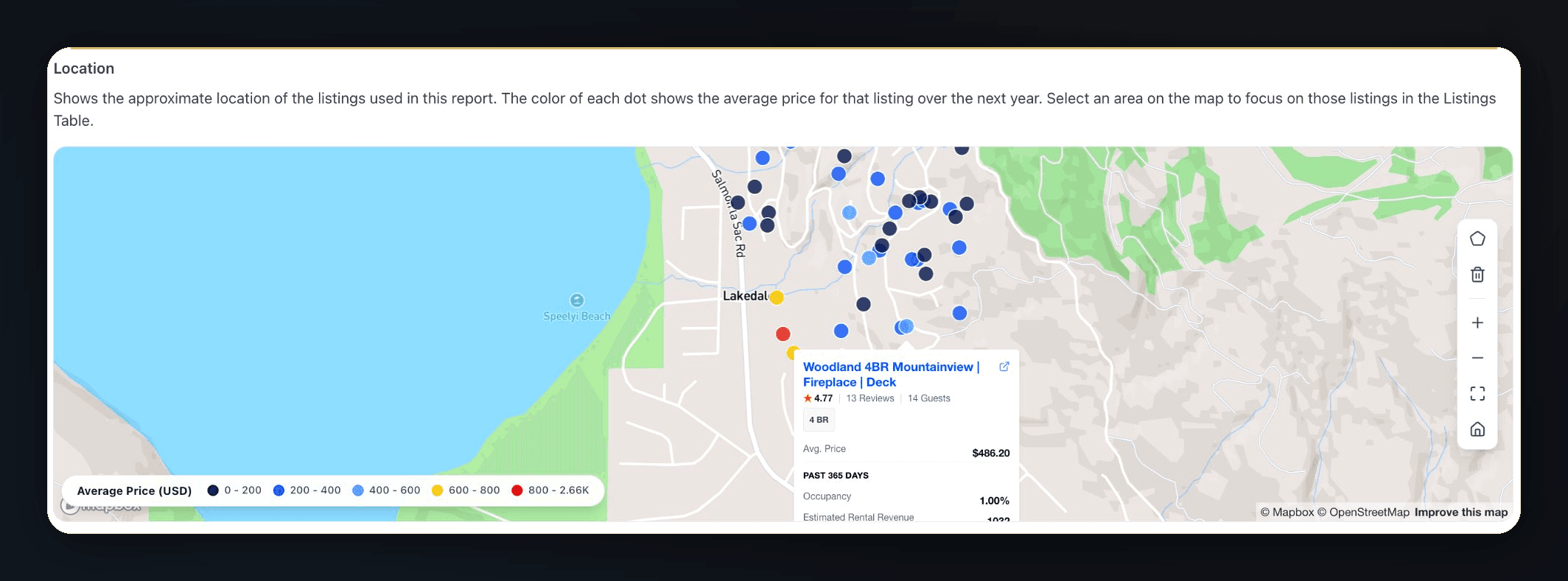Interactive map showing Airbnb listings color-coded by average price